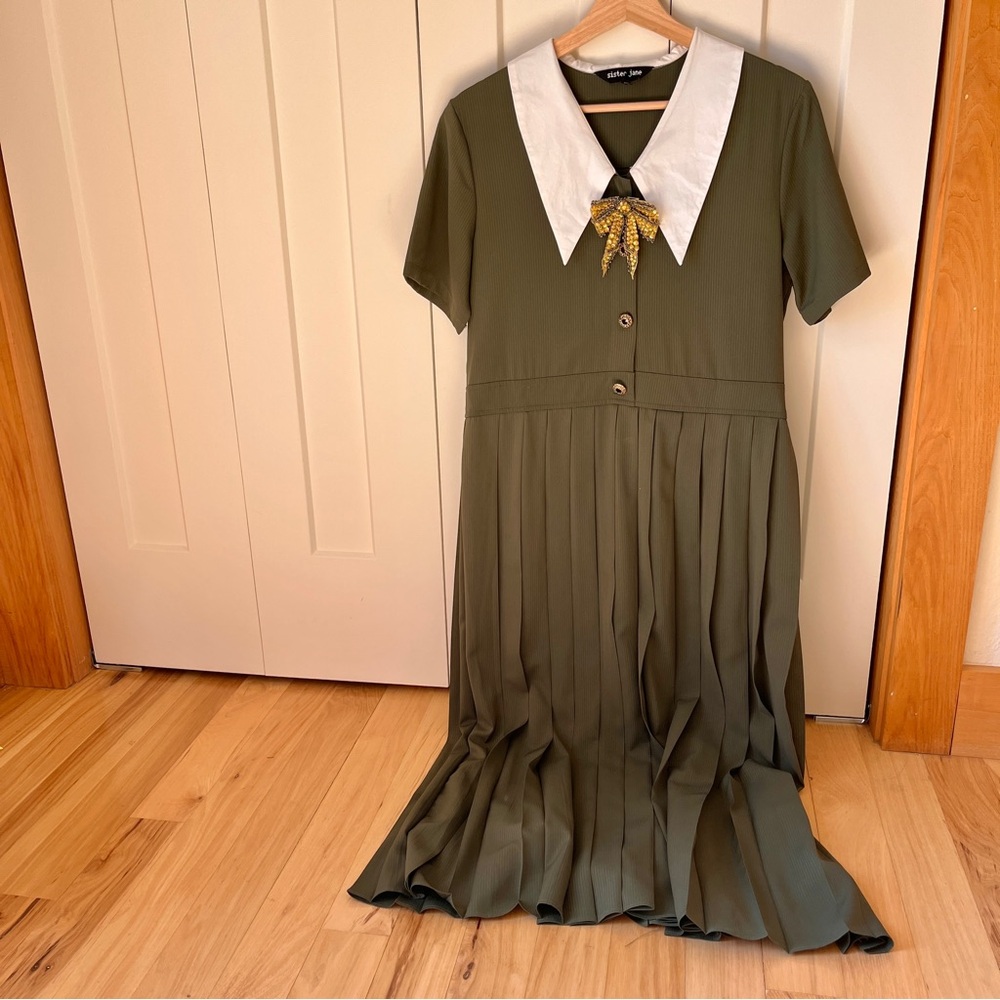 Sister Jane Olive Green Pleated Maxi Dress with White Collar
